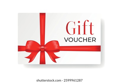Rectangle template for creating cards, vouchers, discount cards, gift wrap with red satin bow and cross ribbon in realistic style