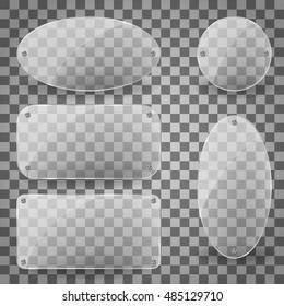 Rectangle transparent glare glass panel with steel rivets. Set of transparent glare glass plates of different shapes. Vector Illustration on transparent background.