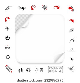 Rectangle tray container with curl corner with icons set. Vector illustration isolated on white background. It's easy to show your product inside the container. Flat lay view. EPS10.