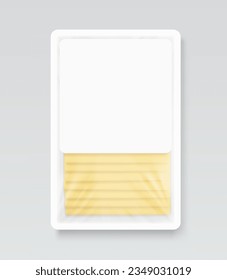 Rectangle tray container mockup with sliced cheese. Realistic vector illustration. Ready for use in your design. EPS10.