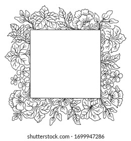 Rectangle Tropical Floral Frame, Hand-drawn  Sketch, Isolated Vector