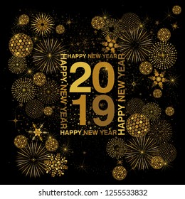 Rectangle typography frame with Happy New Year lettering around 2019 numerals in gold on a black background with abstract snowflakes fireworks and disco balls