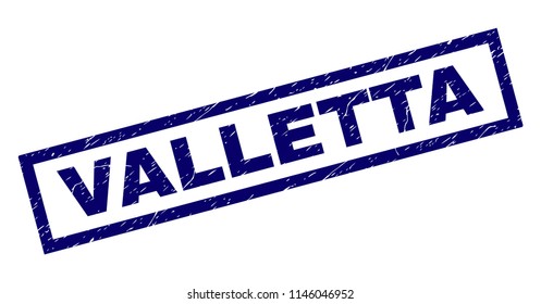 Rectangle VALLETTA seal print with corroded texture. Rubber seal imitation has rectangular frame. Blue vector rubber print of VALLETTA text with corroded texture.