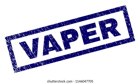 Rectangle VAPER seal print with corroded texture. Rubber seal imitation has rectangle frame. Blue vector rubber print of VAPER label with grunge texture.