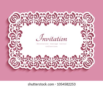 Rectangle vector frame with cutout floral swirls, lace border pattern, template for paper cutting, ornamental decoration for greeting card or wedding invitation design, eps10