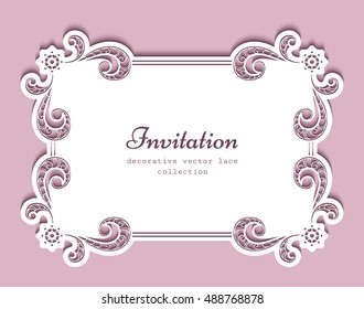Rectangle vector frame with cutout paper lace border, greeting card or wedding invitation template, eps10