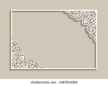 Rectangle vector frame with lace corner pattern, cutout paper ornament, template for laser cutting or wood carving, elegant decoration for wedding invitation or name place card design