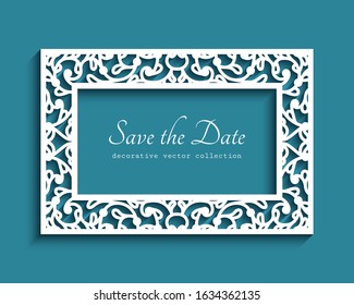 Rectangle vector frame with ornamental lace border. Cutout paper decoration for wedding invitation or save the date card design. Elegant template for laser cutting. Place for text.
