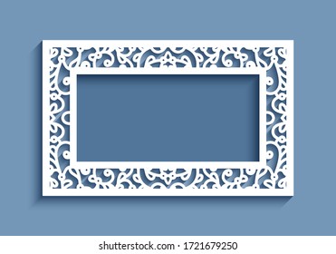 Rectangle vector frame with ornamental lace border. Cutout paper decoration for wedding invitation or save the date card design. Elegant template for laser cutting. Place for text.