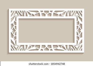 Rectangle vector frame with ornamental lace border. Cutout paper decoration for wedding invitation card or picture frame design. Elegant template for laser cutting. Place for text.