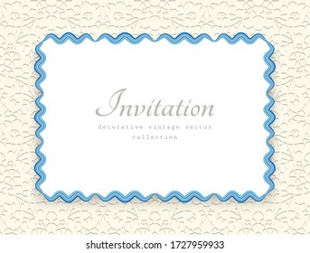 Rectangle vector frame with wavy border pattern on ornamental beige background. Cutout paper wedding invitation or greeting card template. Nautical style. Place for text.