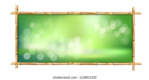 Rectangle vector illustration of square brown bamboo stems border frame, green blur bokeh background inside isolated on white. Abstract spa  beach concept tropical signboard with empty place for text.