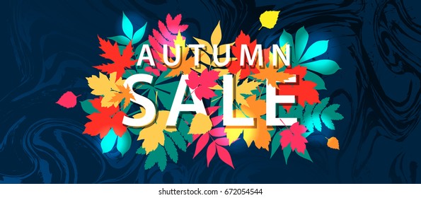 Rectangle vector template autumn sale flyer with lettering. Bright fall leaves on dark background with marble texture. Poster, card, label, banner design. Vector illustration EPS10