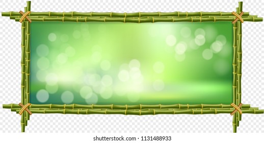 Rectangle vector template of green bamboo sticks border frame, shiny blurred bokeh background and soft white circles. Abstract concept of tropical banner, poster, signboard with empty copy space.