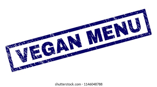 Rectangle VEGAN MENU seal print with corroded texture. Rubber seal imitation has rectangle frame. Blue vector rubber print of VEGAN MENU tag with corroded texture.