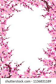 Rectangle vertical frame made with flowering tree branches and shoots with pink flowers on white background.  Plum blossom is a symbol for spring. Floral decoration for Chinese New Year. 