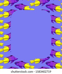 Rectangle vertical frame with Royal gramma fishes pattern. Purple background, vector.
