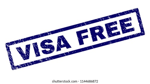 Rectangle VISA FREE seal print with corroded surface. Rubber seal imitation has rectangle frame. Blue vector rubber print of VISA FREE text with corroded texture.