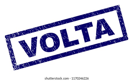 Rectangle VOLTA seal stamp with corroded texture. Rubber seal imitation has rectangle frame. Blue vector rubber print of VOLTA text with corroded texture.