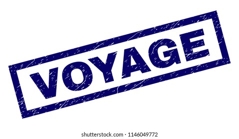 Rectangle VOYAGE seal print with corroded texture. Rubber seal imitation has rectangle frame. Blue vector rubber print of VOYAGE title with scratched texture.