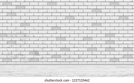 Rectangle white brick wall texture with wooden floor. Vector illustration.