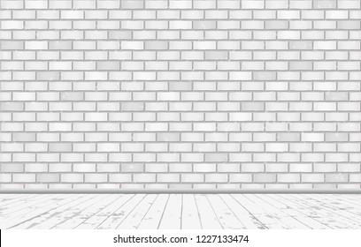 Rectangle white brick wall texture with wooden floor. Vector illustration.