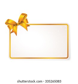 Tarjeta blanca rectangular con arco atado de oro en cinta.