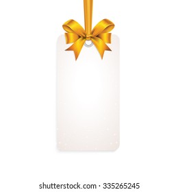 Rectangle white card with gold tied bow on ribbon.