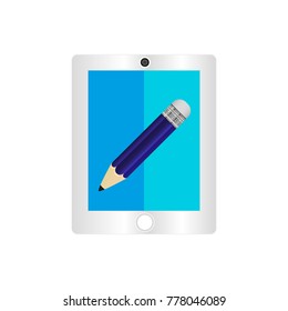 A rectangle of white color with circles in the form of a camera and a button inside is located in the form of a pencil in blue.