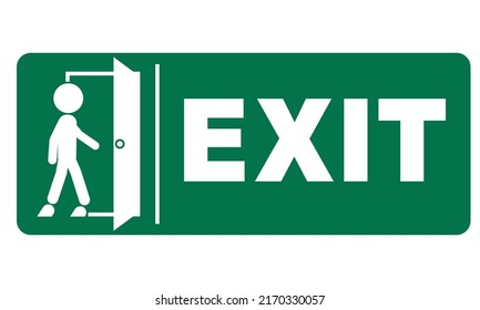Rectangle white green exit doorway sign with illustration of stick man walk through gate and white text exit information, a direction arrow label vector