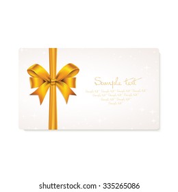 Rectangle white paper card with thick gold ribbon and tied bow.