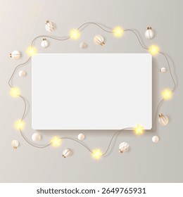 Retângulo xmas quadro em bege claro bg. Iluminado por estrelas brilhantes, lâmpada quente guirlanda. Cartão de saudação festiva horizontal mockup recipiente. Luxo decoração de bola de ouro vazio parede da galeria de Natal