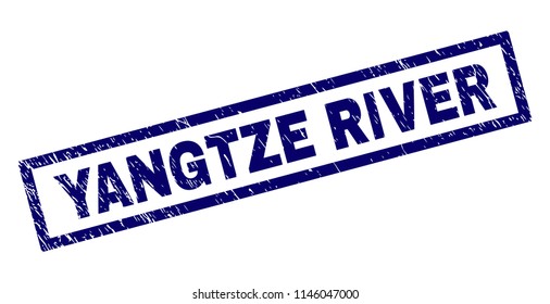 Rectangle YANGTZE RIVER seal print with distress texture. Rubber seal imitation has rectangular frame. Blue vector rubber print of YANGTZE RIVER title with dust texture.