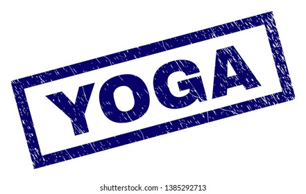 Rectangle YOGA seal print with corroded style. Rubber seal imitation has rectangle frame. Blue vector rubber print of YOGA tag with dirty texture.