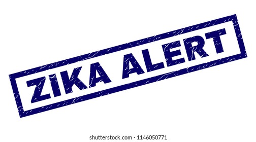 Rectangle ZIKA ALERT seal print with corroded surface. Rubber seal imitation has rectangle frame. Blue vector rubber print of ZIKA ALERT caption with corroded texture.