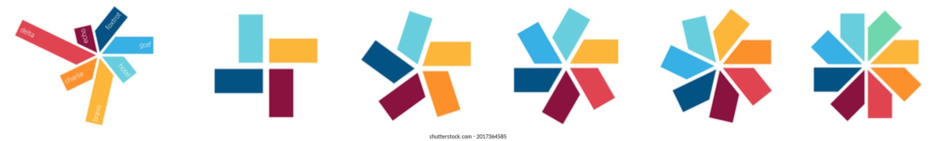 Rectangles arranged in circle pattern, partially overlapping - version with four to eight parts, simple infographics element