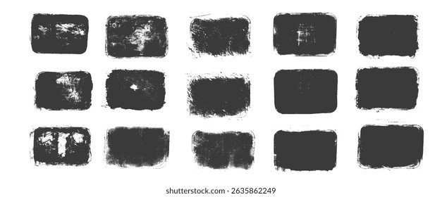Rectangles callouts frames. Ink grunge text boxes set. Linocut rolled paint black tag. Vector handmade brayer stamp smudged texture. Rough paint decorative irregular border.