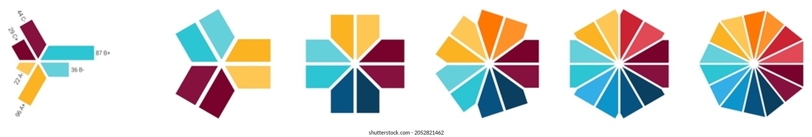 Rectangles divided into two parts connected in centre arranged to form symmetrical shape, can be used as infographics element, version with three to eight segments