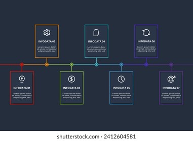 Rechtecke Infografik mit 7 Schritten, Optionen, Teilen oder Prozessen. Visualisierung von Geschäftsdaten.