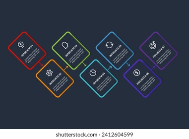 Rectángulos infográficos con 7 pasos, opciones, partes o procesos. Visualización de datos empresariales.