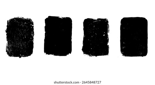 Rectangles ink callouts frames. Ink grunge text boxes set. Linocut rolled paint black tag. Vector handmade brayer stamp smudged texture. Rough paint decorative irregular border.
