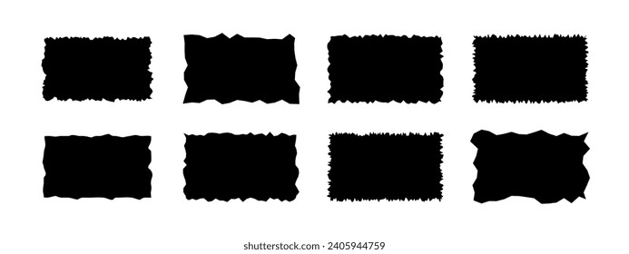 Rectangles paper with roughly torn edges. Jagged geometric shapes for stickers, tags and labels. Isolated vector illustration on white background.