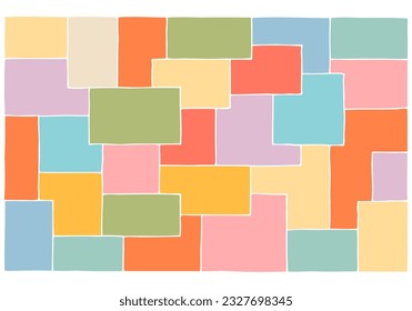 Rectangles and squares of different shapes and colors overlap to form a background, texture, pattern. It looks like stained glass. Freehand drawing. Hand Draw.	