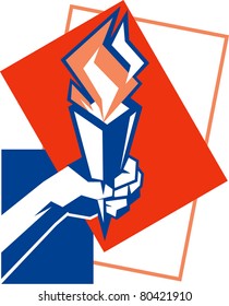 Rectangles with a stylized, flaming torch held in hand