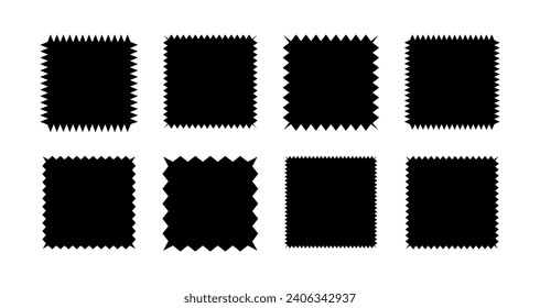 Rectangles with zigzagging and wavy edges. Jagged geometric shapes for stickers, tags and labels. Isolated vector illustration on white background.