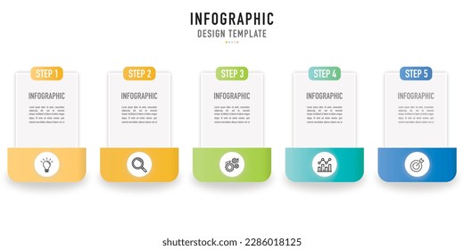 Rectangular 3D origami infographic template or element with 5 step, process, option, colorful icons, rectangle, square, button, tag, circle, circular, label for sale slide, internet, website, web note