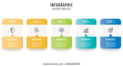 Rectangular 3D origami infographic template or element with 5 step, process, option, colorful icons, rectangle, square, triangle, circle, round, label, ribbon, sale slide, internet, website, web, note