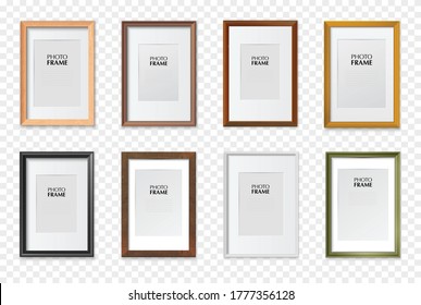 Rectangular a4 paper size picture frames various colors wooden plastic metal realistic set transparent background vector illustration