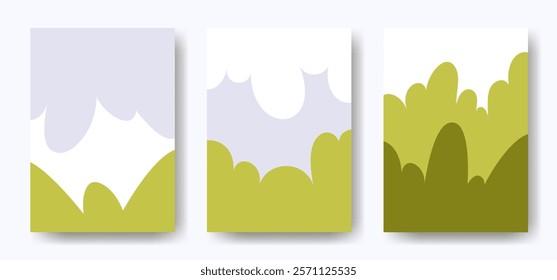 Rectangular abstract spring and summer background, green blue and white colors. Blue sky, white clouds and green fields. Vector background illustration for flyers, posters, covers, banners.