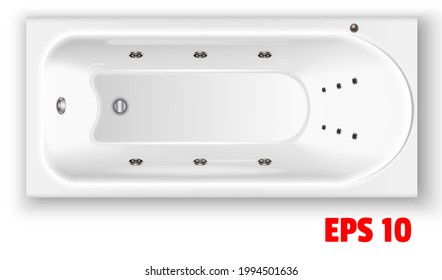 Rectangular acrylic bathtub top view. Caramic white bathroom fixtures, bubble. In 3D realistic style. Isolated on a white background. Vector illustration.